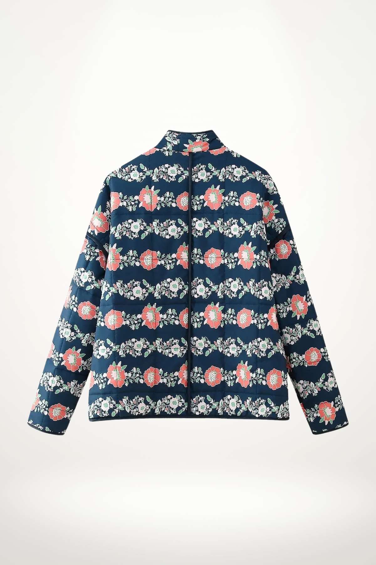 Veste kimono matelassée bleu marine motif floral corail et vert, coupe droite col mao, style cocooning douillet en coton tissé