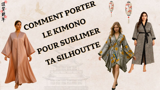 trois styles de kimono portés par de jeunes femmes, un kimono de plage gris a fleurs jaunes, un kimono grande taille à motif panthère et un kimono abaya saumon