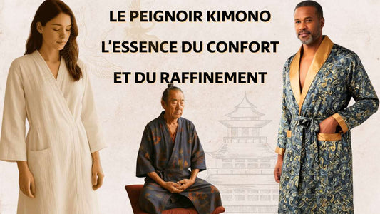 une femme qui porte peignoir kimono blanc et deux hommes en peignoir kimono, un en coton violet et un en satin bleu et or