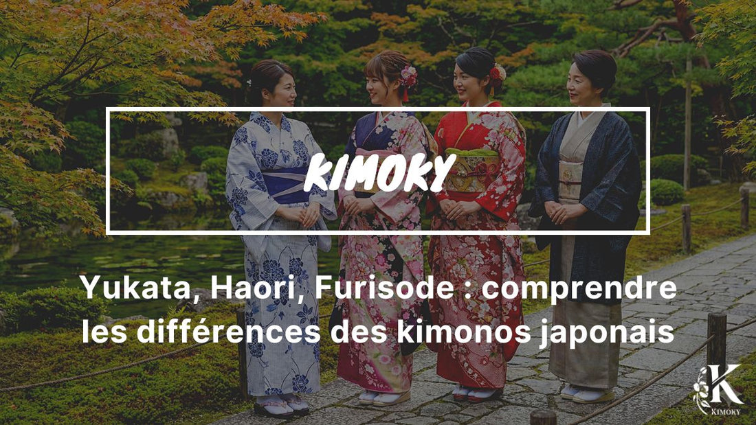 Femmes japonaises portant un yukata, un haori et un furisode dans un jardin traditionnel japonais, illustrant les différences entre les kimonos.
