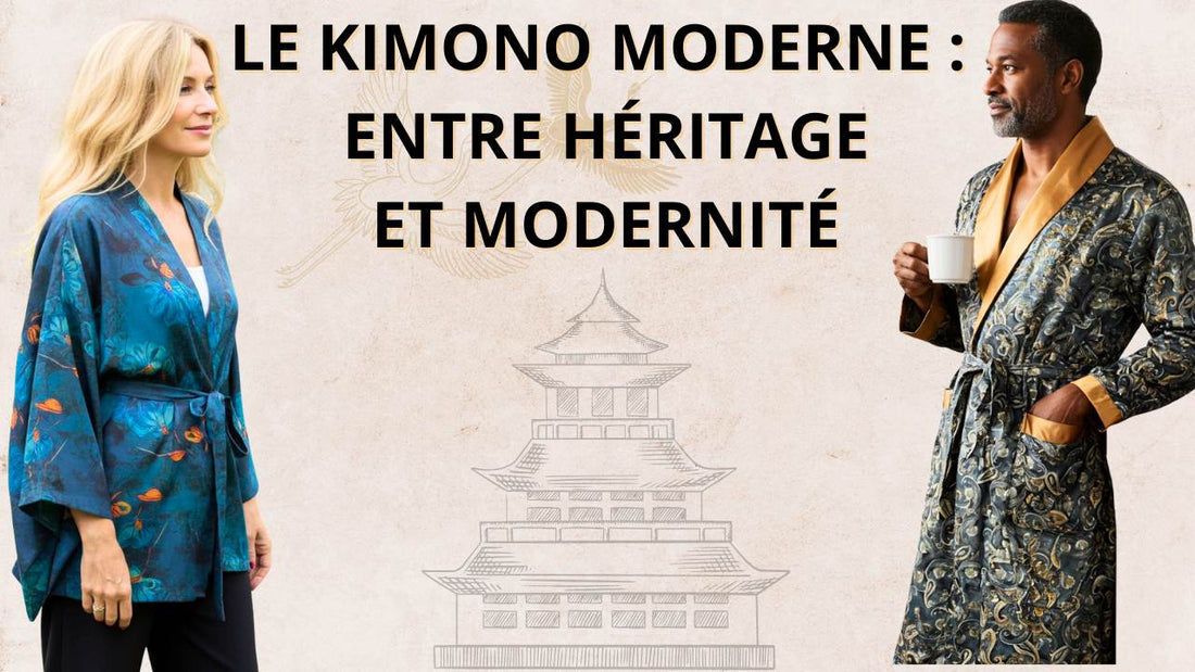 Femme et un homme portant un kimono moderne fluide aux motifs japonais, fusion entre élégance traditionnelle et style contemporain.
