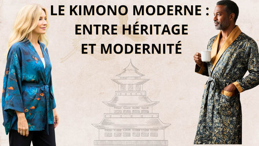 Femme et un homme portant un kimono moderne fluide aux motifs japonais, fusion entre élégance traditionnelle et style contemporain.