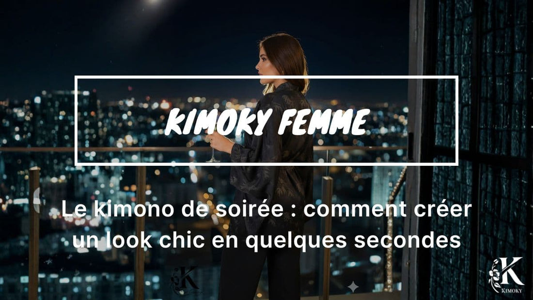 Kimono de soirée chic porté par une femme, silhouette élégante en kimono noir, look féminin moderne pour une tenue de soirée.