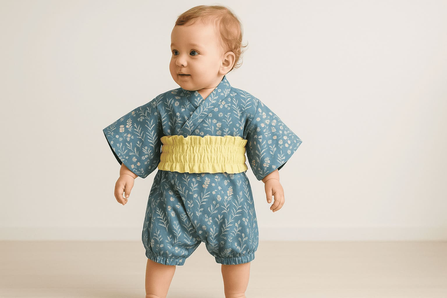 bébé en kimono bleu à motifs floraux avec ceinture obi jaune, collection kimono bébé doux et traditionnel