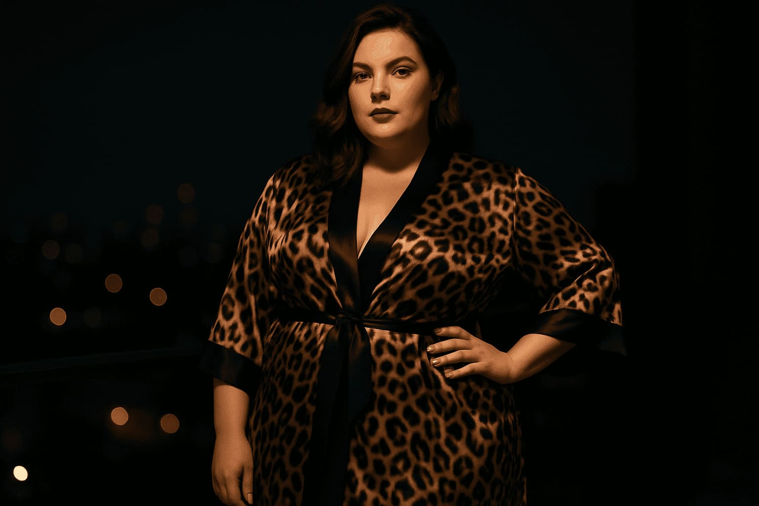 kimono grande taille femme en satin imprimé léopard, robe de chambre fluide et chic avec ceinture noire et finitions satinées