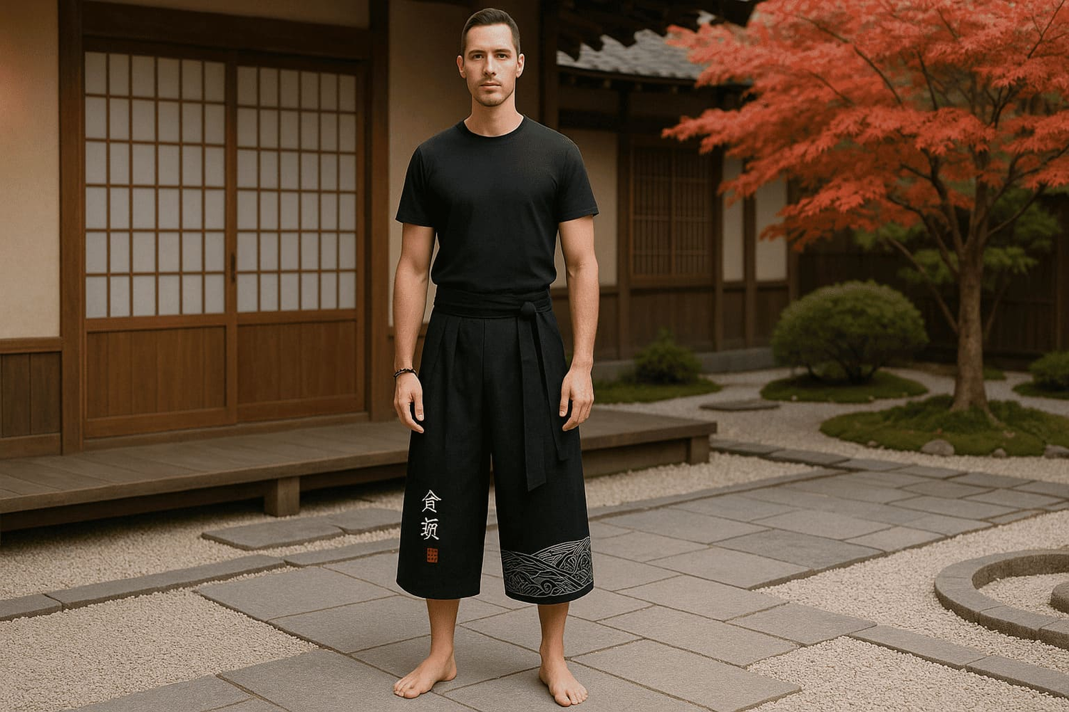 homme portant un pantalon kimono noir traditionnel, look japonais moderne dans un jardin zen