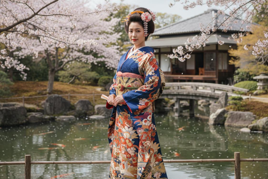 image de collection représentant une femme en kimono traditionnel, en arrière plan, une étendue d'eau et un cerisier japonais.