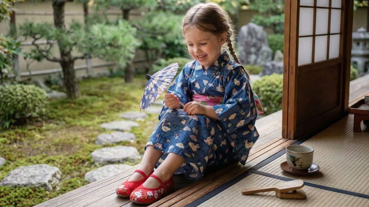 petite fille portant des chaussures rouge et un kimono bleu