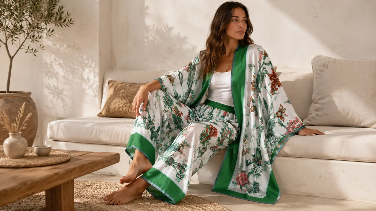 visuel pour collection ensemble kimono représentant une femme en kimono floral assise sur un canapé