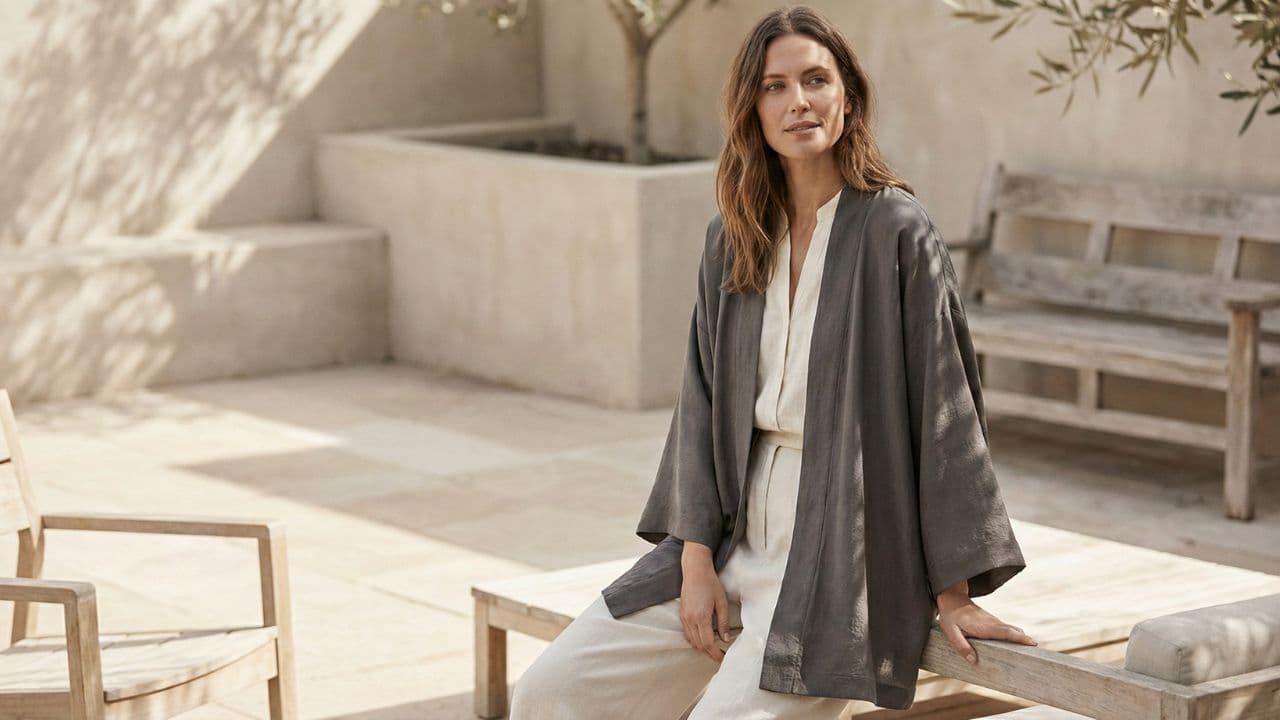 Femme portant un kimono femme fluide gris, assise dans un extérieur lumineux au style épuré, illustrant une collection kimono femme élégante et contemporaine