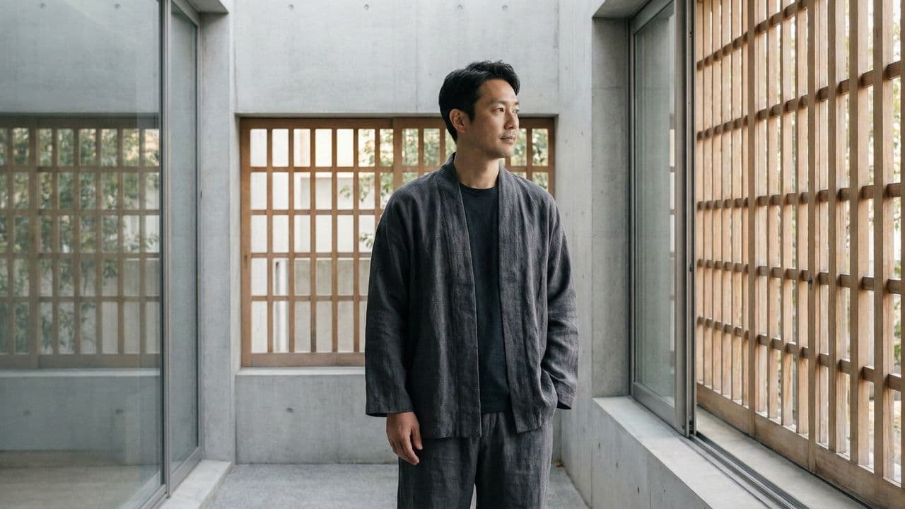 Homme portant un kimono homme gris à coupe ample, debout dans un intérieur minimaliste lumineux, illustrant une collection kimono homme contemporaine