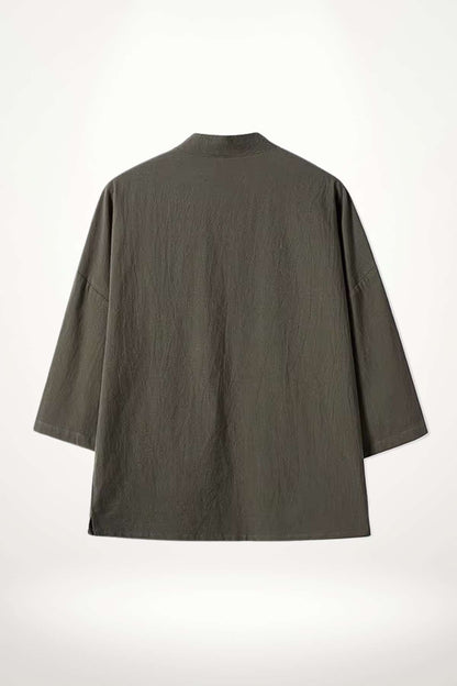Blazer kimono homme en tissu léger, couleur olive, avec des manches larges et une coupe épurée