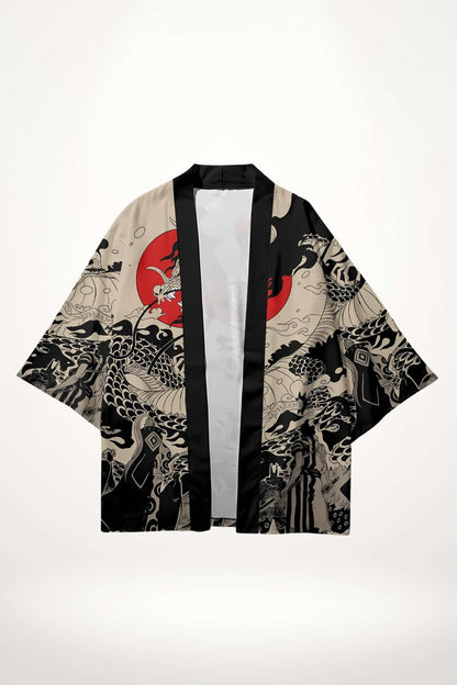 Kimono japonais avec motifs noirs et beiges, représentant des dragons sur fond rouge, avec des manches larges et un col