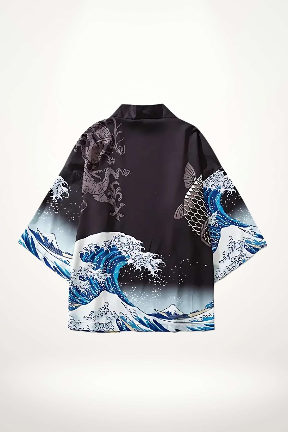 Kimono japonais noir avec motifs de vagues bleues et dragon, tissu satiné, style minimaliste