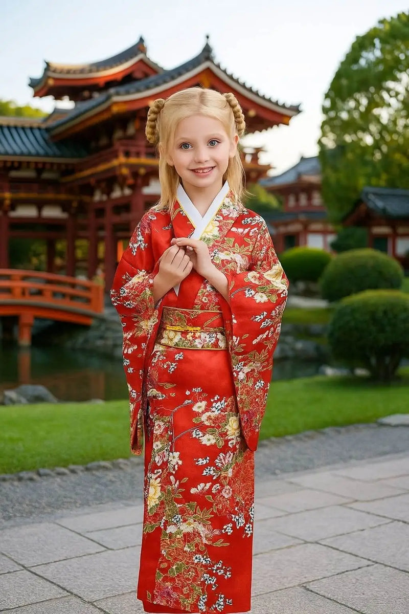 Petite fille en kimono rouge devant un temple