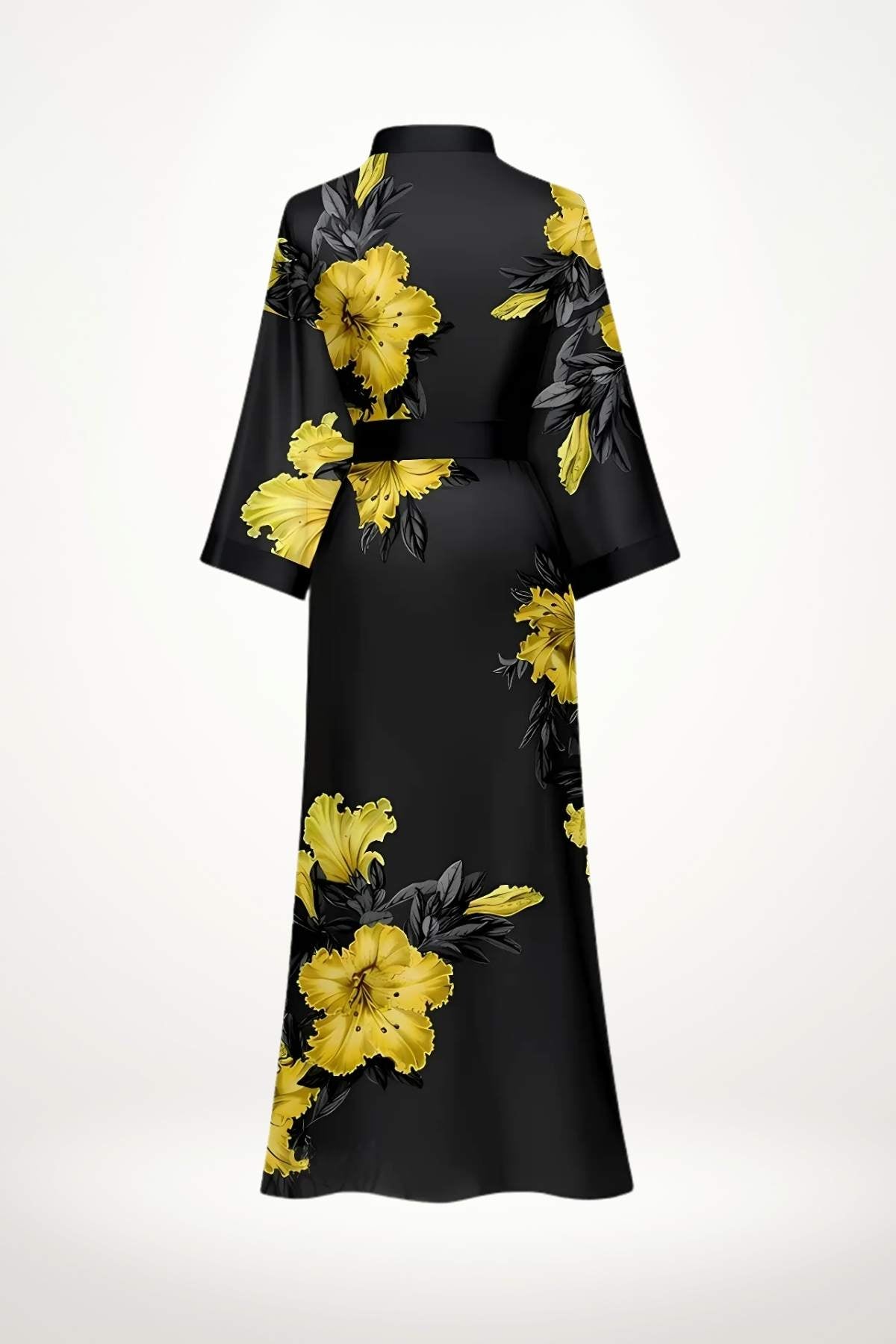Kimono noir à fleurs jaunes et feuilles grises, avec des manches larges et une ceinture assortie