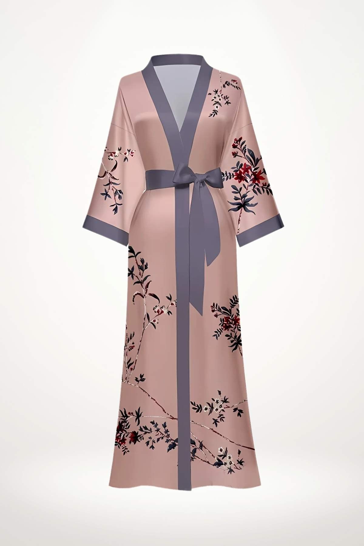 Kimono en satin rose avec motifs floraux, ceinture grise, manches larges, sur fond neutre élégant