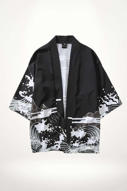 Kimono homme moderne en satin noir avec motifs de vagues blanches et grises, style décontracté et élégant