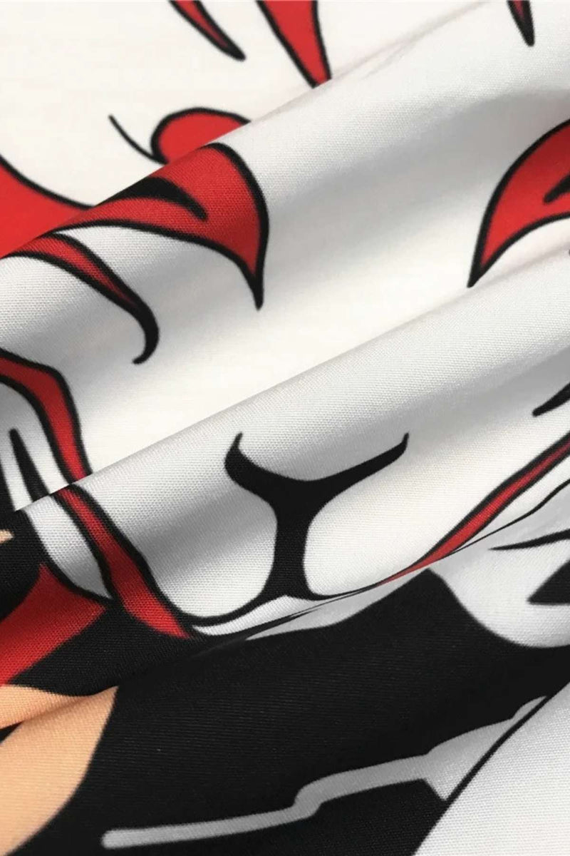 Tissu de chemise kimono avec motifs rouges et noirs sur fond blanc, texture douce et fluide