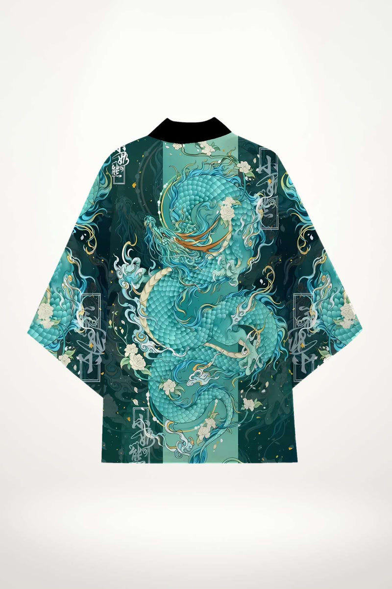 Blazer kimono homme avec motifs de dragon turquoise sur fond noir et vert, style japonais moderne