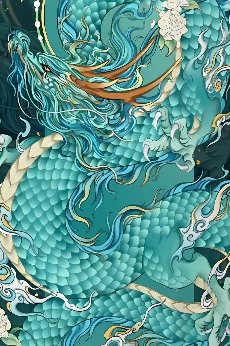 Un dragon stylisé aux écailles turquoise, entouré de motifs fluides et de nuages, évoquant une esthétique japonaise