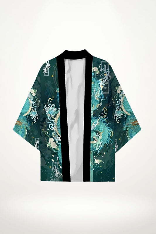 blazer kimono homme dragon japonais turquoise et calligraphie blanche sur fond vert