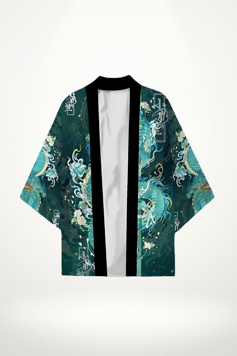Blazer kimono homme aux motifs de dragon en vert et bleu, avec des détails floraux sur fond noir