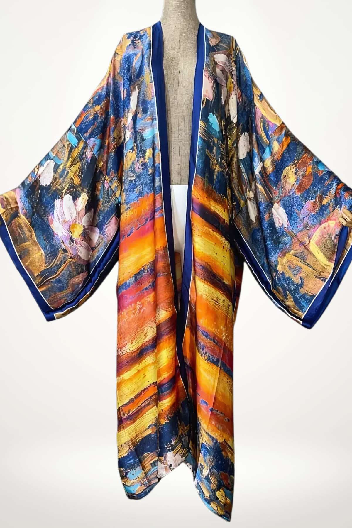 kimono femme long en satin imprimé artistique multicolore style bohème chic