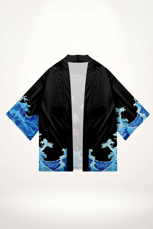 Chemise kimono noire en polyester pour homme avec motif carpe koï, soleil rouge et vagues japonaises, coupe ample sans boutons.