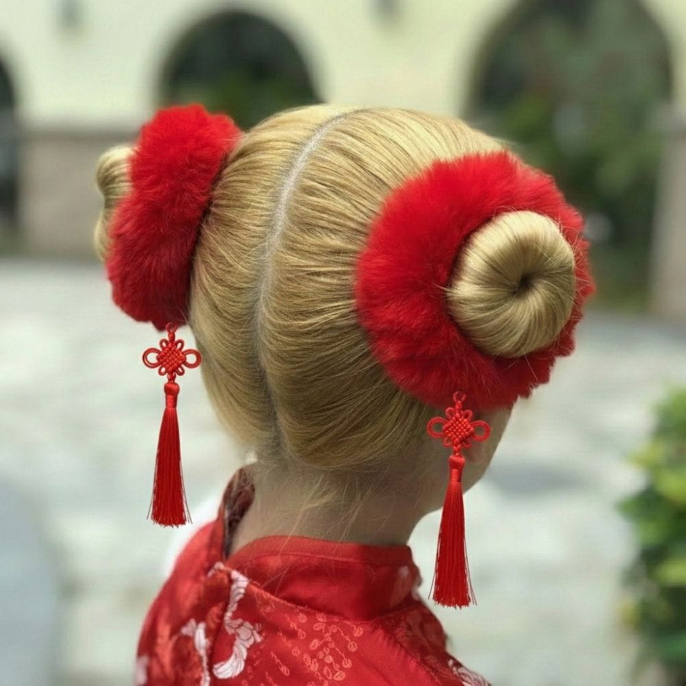 Coiffure en chignons blonds ornée de pompons rouges et de pendentifs, portée avec un kimono rouge
