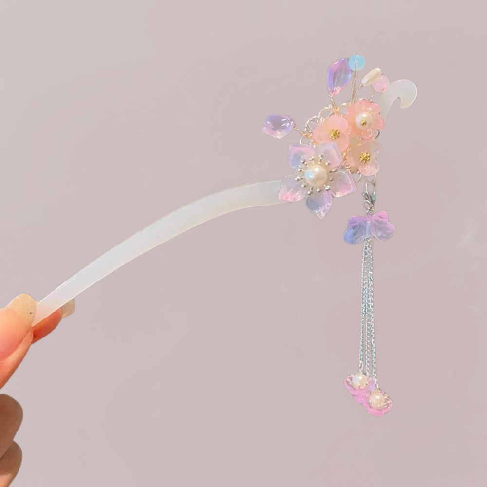 Peigne en plastique transparent décoré de fleurs roses et de perles, avec des nœuds en cristal suspendus