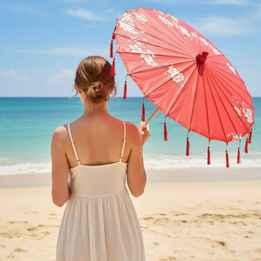 Femme de dos portant une robe légère, tenant une ombrelle rouge à fleurs sur une plage ensoleillée