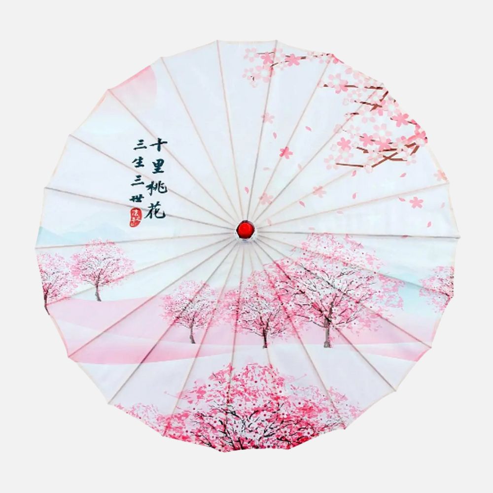 Ombrelle blanche ornée de motifs de cerisiers en fleurs et d'écriture asiatique, avec un bouton rouge central