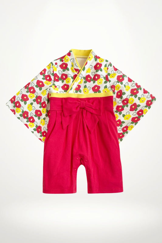 kimono bébé coton fleurs rouges et jaunes avec ceinture obi – modèle fille éclatant et confortable