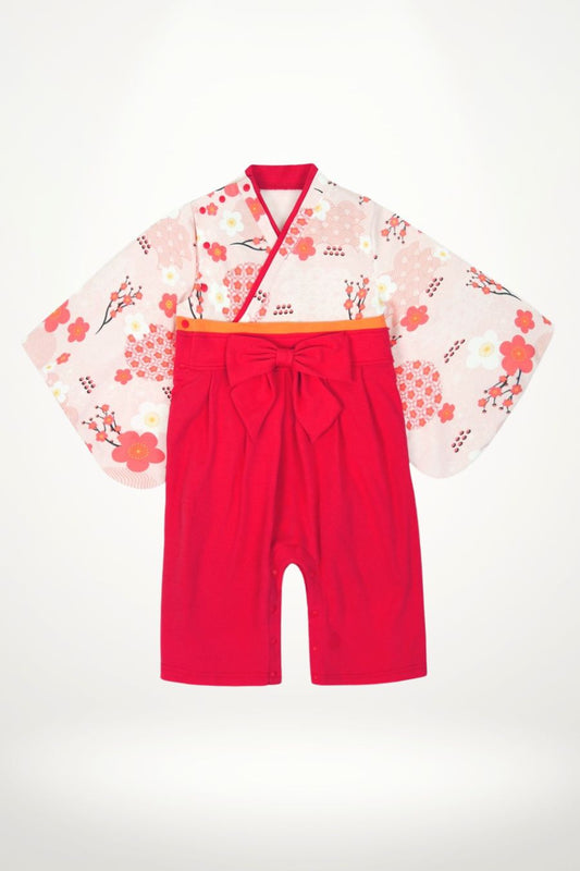 kimono bébé coton rouge à fleurs traditionnelles avec ceinture obi – tenue fille élégante et raffinée