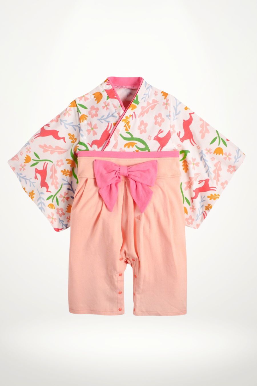 kimono bébé coton lapins roses et fleurs pastel avec ceinture obi – modèle fille doux et créatif