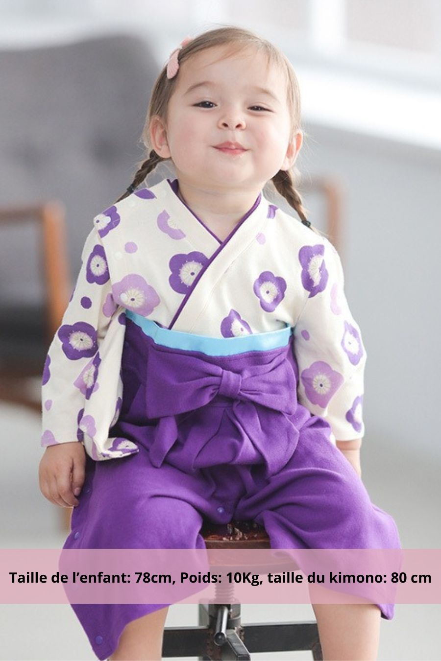 kimono bébé coton violet avec fleurs et ceinture obi – modèle fille élégant et confortable