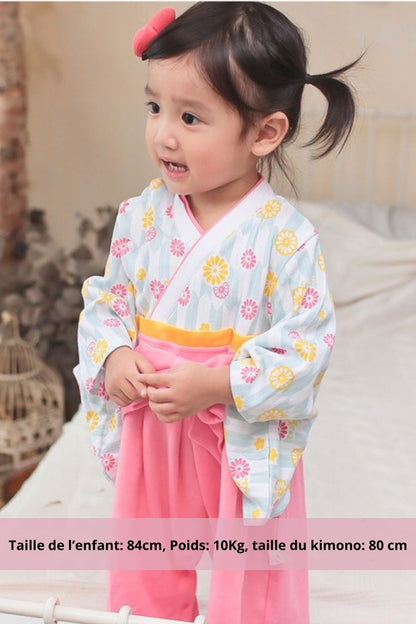 kimono bébé coton fleurs rose et jaune avec ceinture obi – modèle fille frais et lumineux