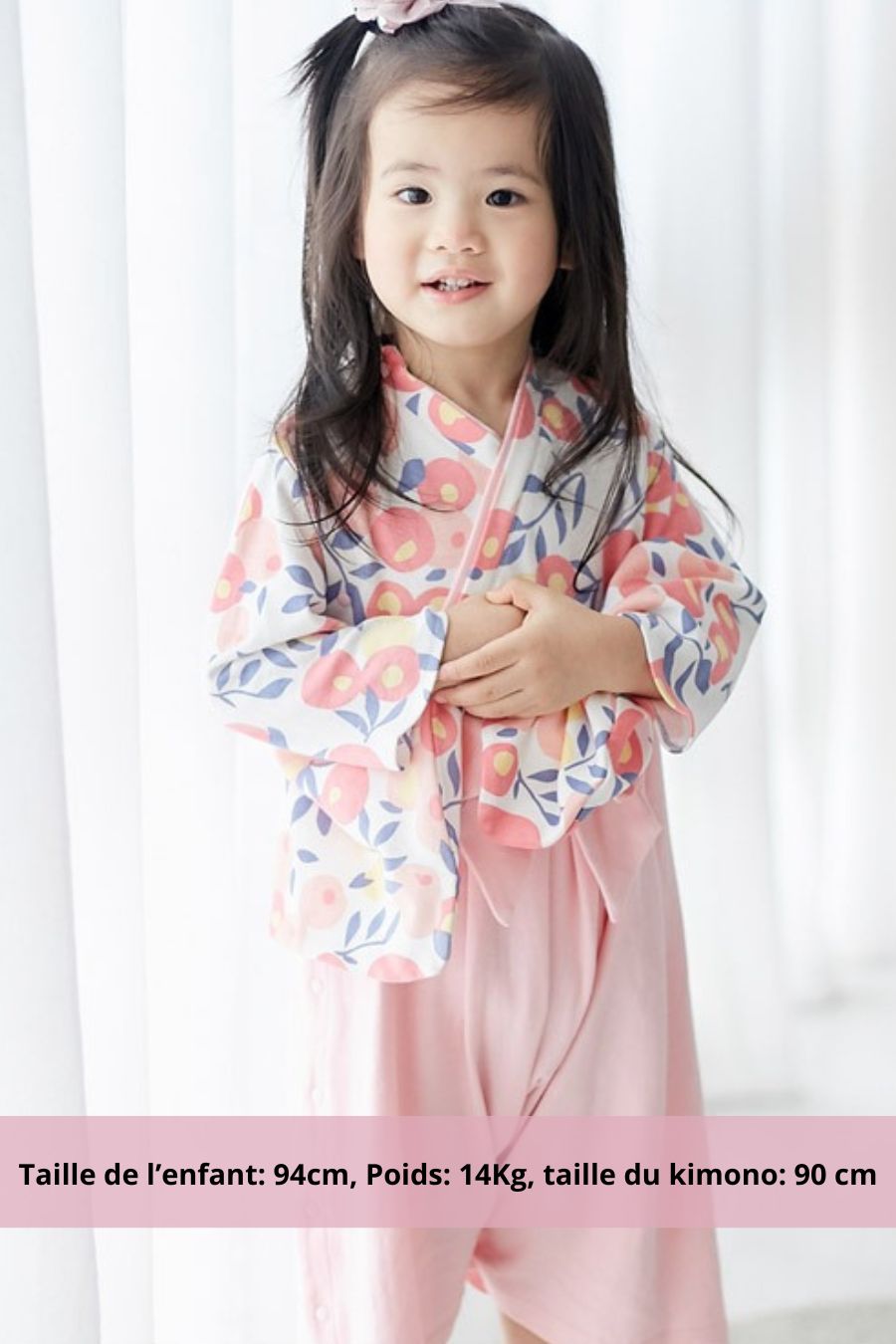 kimono bébé coton pastel fleurs graphiques et ceinture obi rose – modèle fille tendre et raffiné