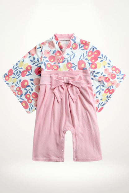 kimono bébé coton pastel fleurs graphiques et ceinture obi rose – modèle fille tendre et raffiné
