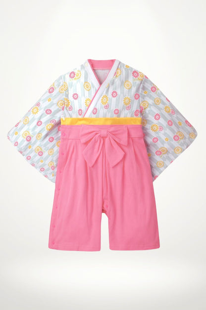 kimono bébé coton fleurs rose et jaune avec ceinture obi – modèle fille frais et lumineux
