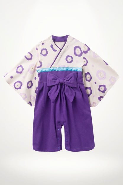 kimono bébé coton violet avec fleurs et ceinture obi – modèle fille élégant et confortable