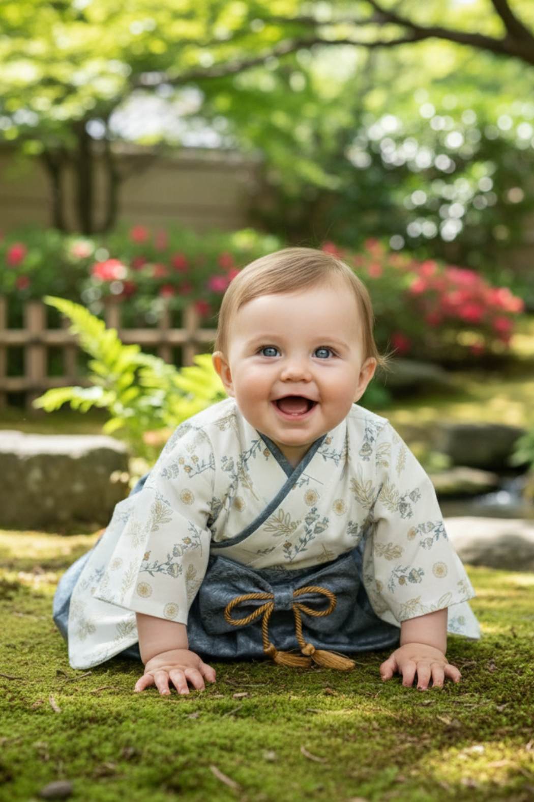 Bébé souriant en haori bleu gris, sur un tapis de mousse, entouré de verdure et de fleurs colorées