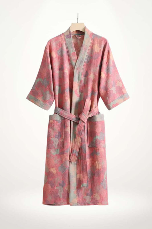 Peignoir kimono femme en coton à motif floral rose
