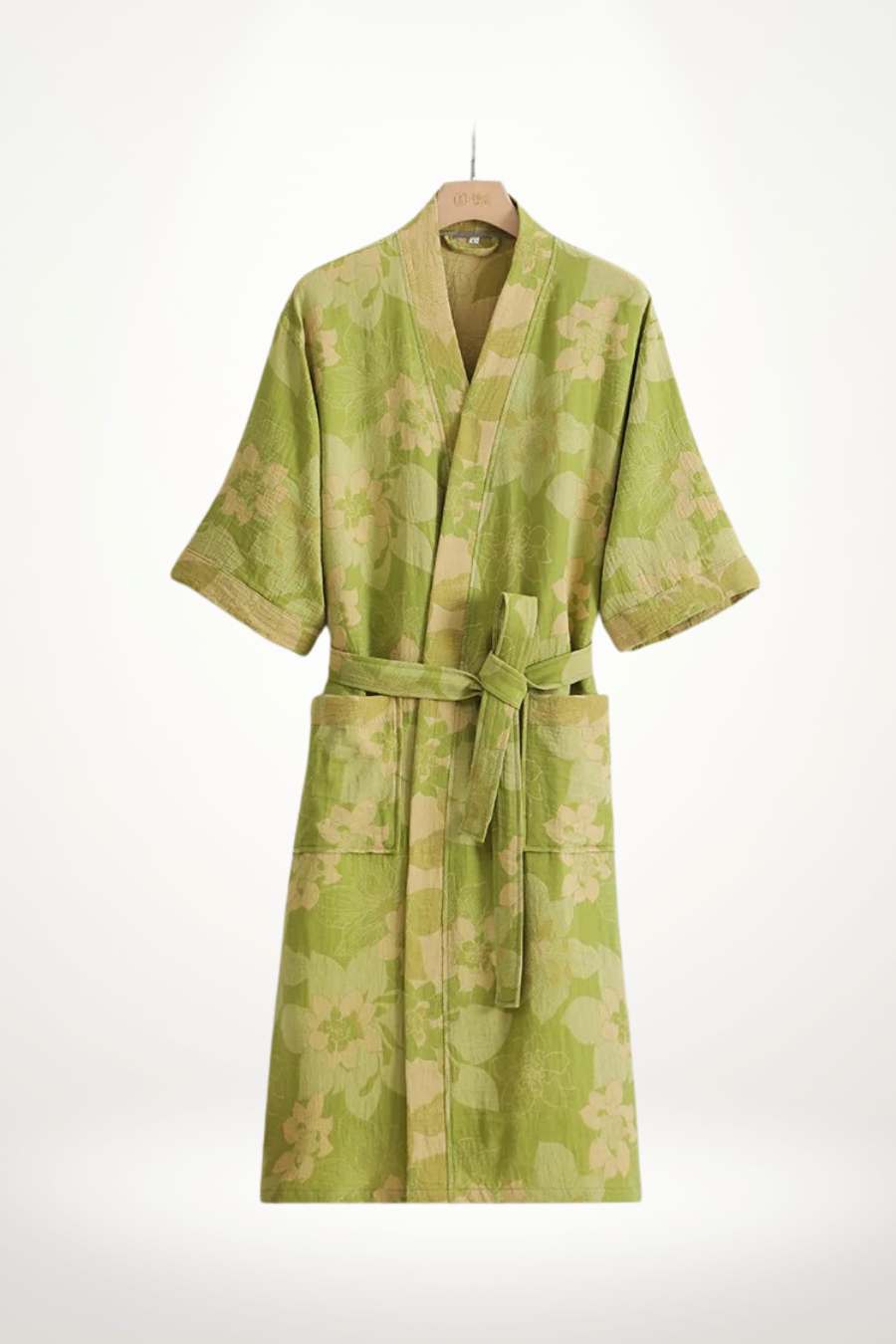 Kimono peignoir femme en coton à motif floral vert