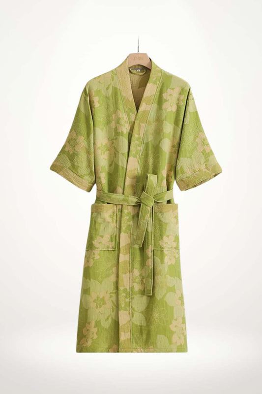 Kimono peignoir femme en coton à motif floral vert