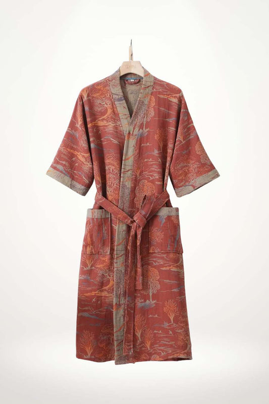 Peignoir kimono femme à imprimé orange et rouge