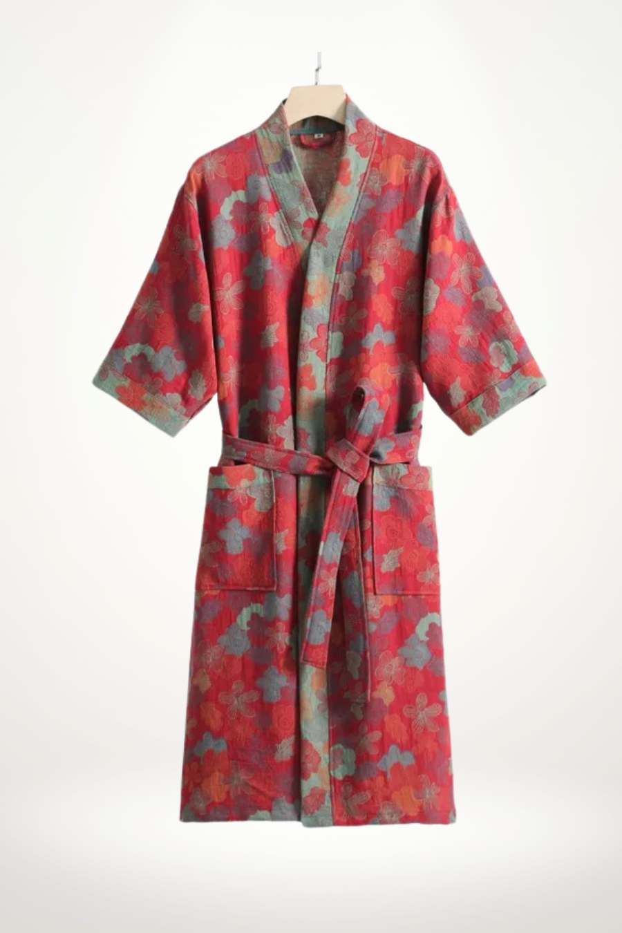 Peignoir kimono femme en coton à motif floral rouge