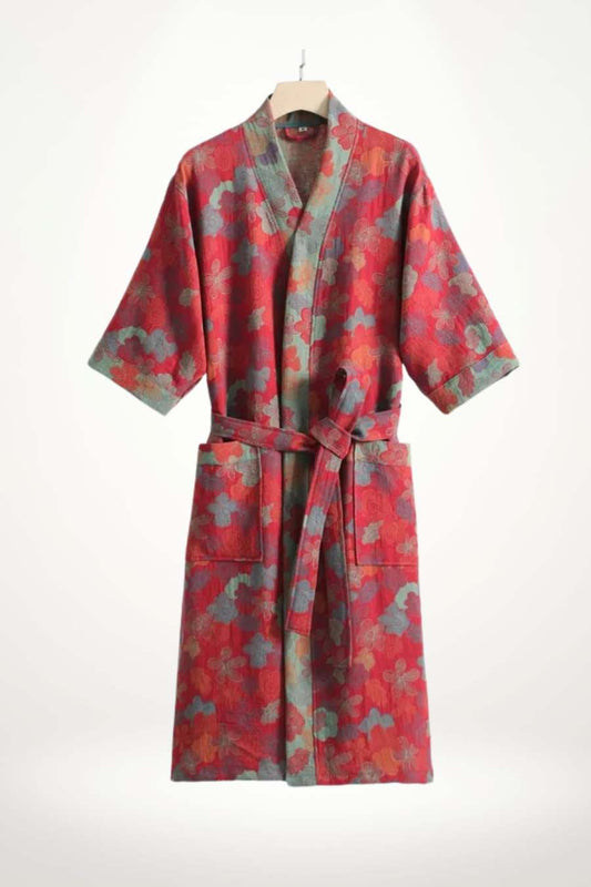 Peignoir kimono femme en coton à motif floral rouge