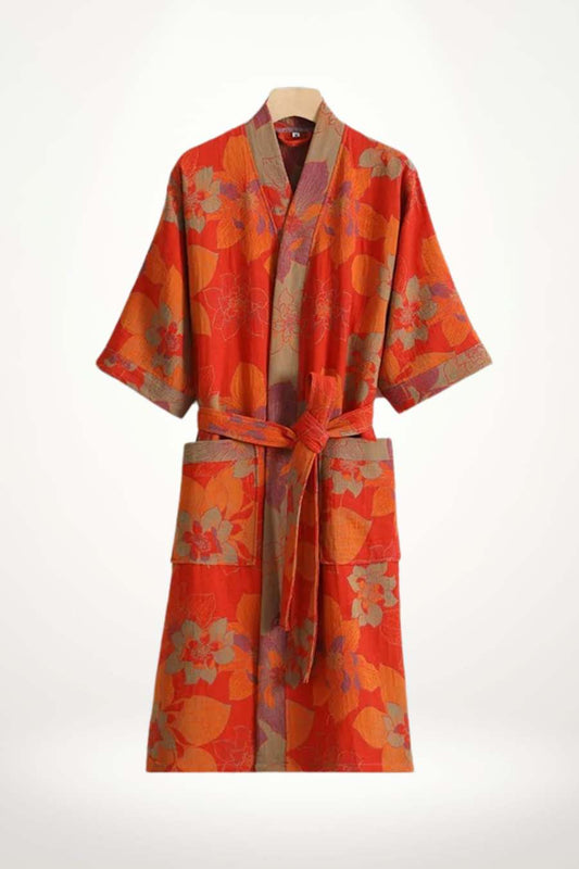Peignoir kimono femme à bordure florale rouge